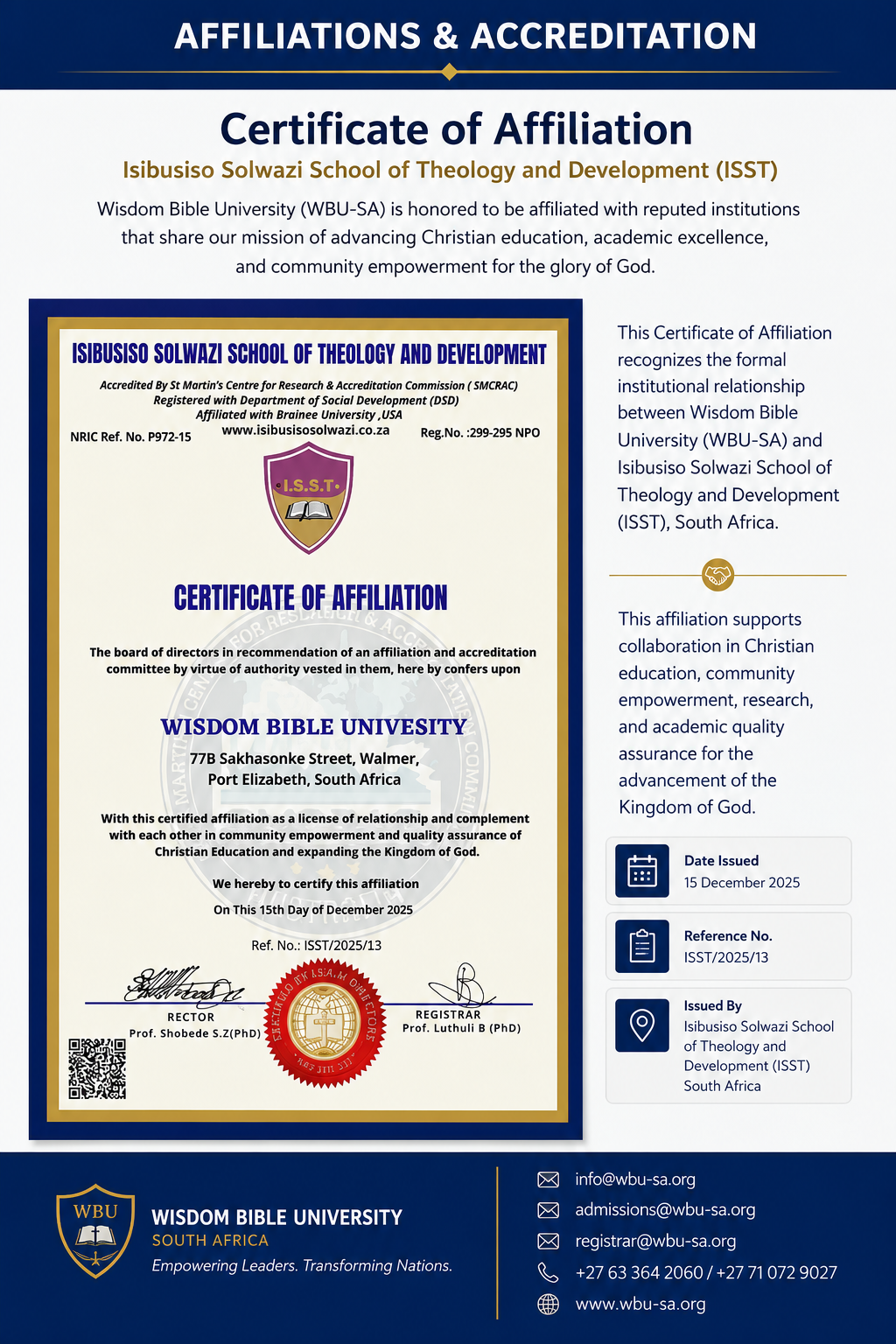 Official Certificate of Affiliation awarded to Wisdom Bible University South Africa (WBU-SA) by Isibusiso Solwazi School of Theology and Development (ISST), South Africa.