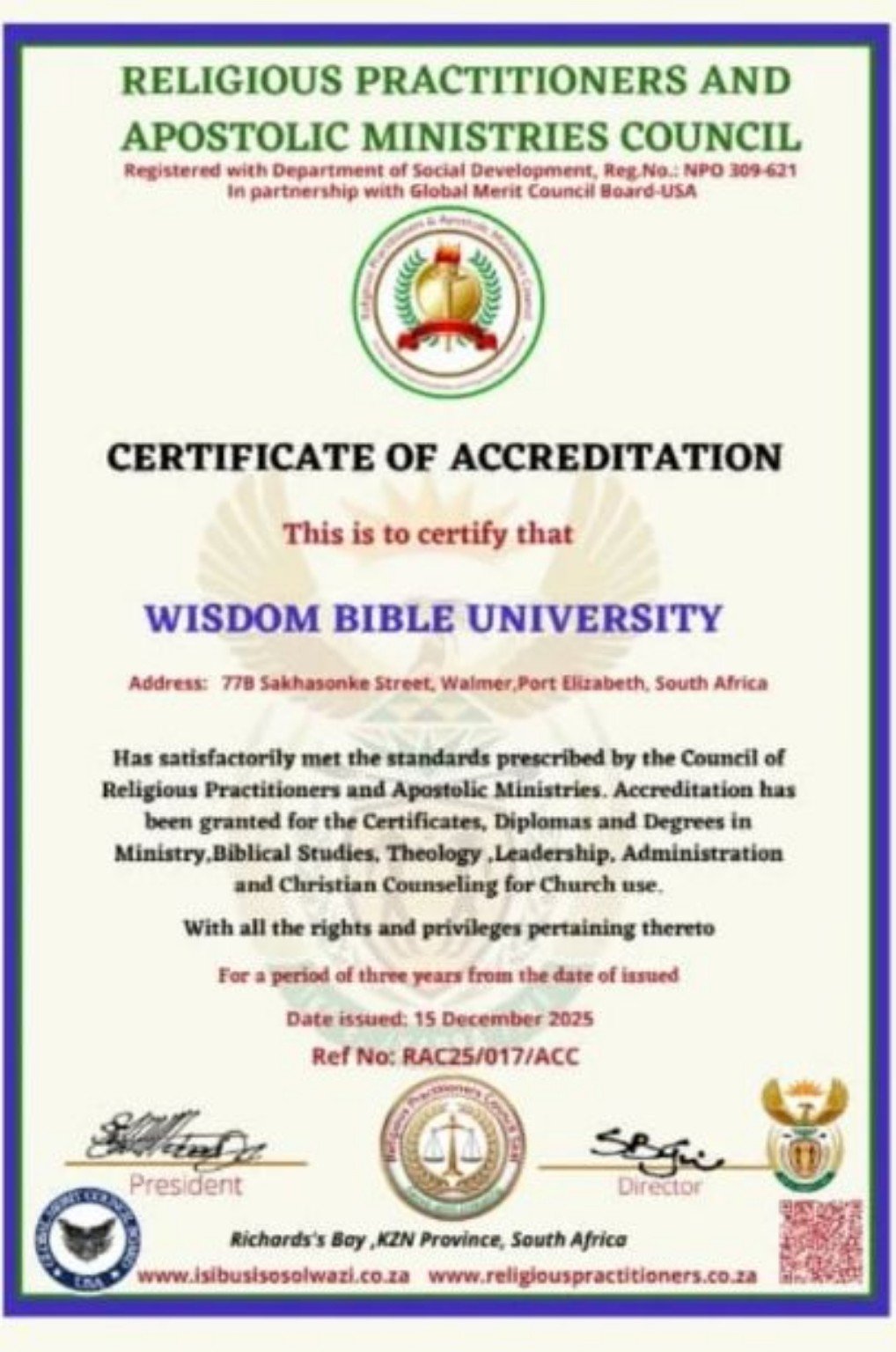 Official Certificate of Accreditation awarded to Wisdom Bible University South Africa (WBU-SA).
