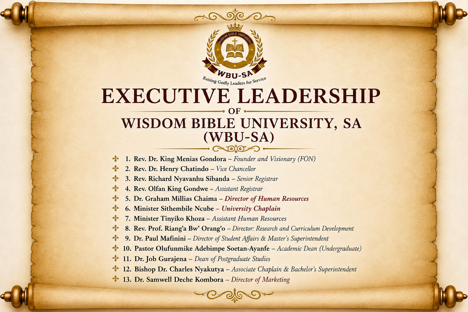 Wisdom Bible University South Africa (WBU-SA) Executive Leadership