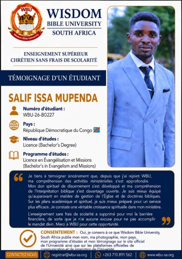 Student testimonial – Salif Issa Mupenda, Bachelor’s student at Wisdom Bible University South Africa, Democratic Republic of Congo