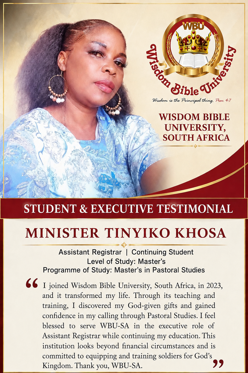 Minister Tinyiko Khosa’s executive testimonial for Wisdom Bible University South Africa.