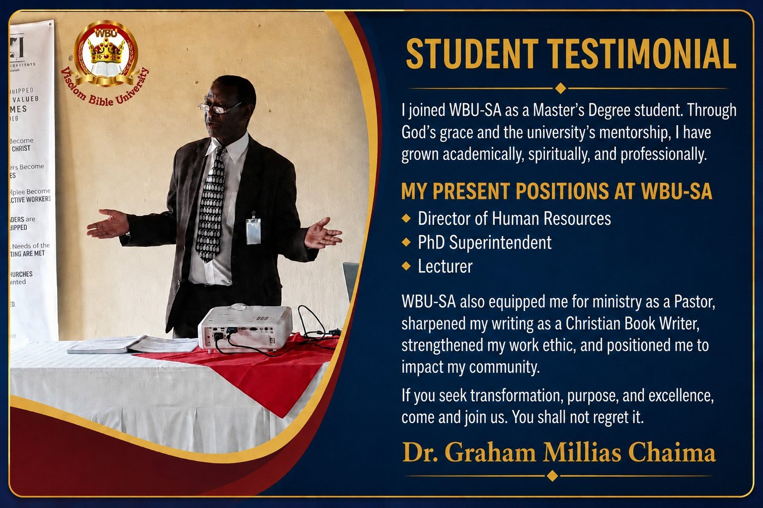 Dr. Graham Millias Chaima sharing his WBU-SA student testimonial