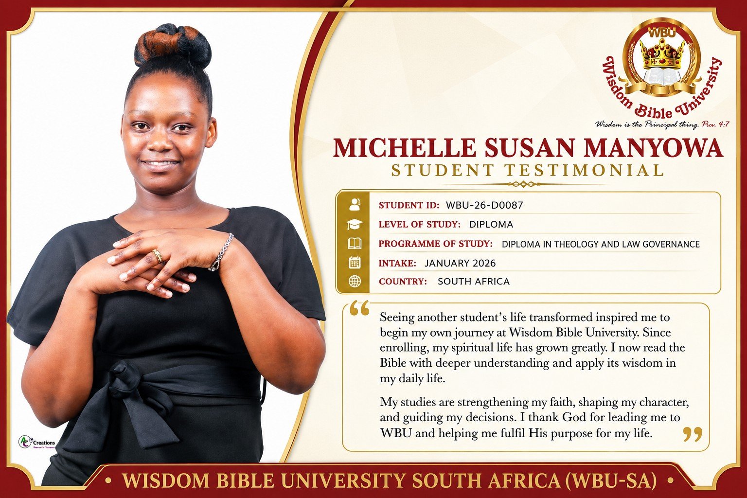 Michelle Susan Manyowa, Diploma student at Wisdom Bible University South Africa, sharing her student testimonial.
